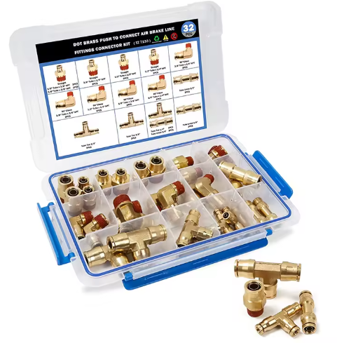 34 Piece DOT Brass Push-In Air Brake Fitting Assortment